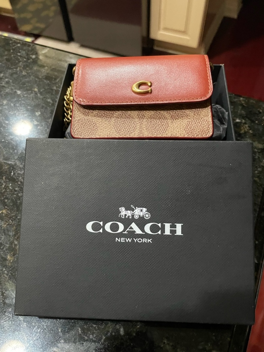 NWOT with a box Coach Brown Leather Mini Bag with original Coach gold chain. - Picture 3 of 14